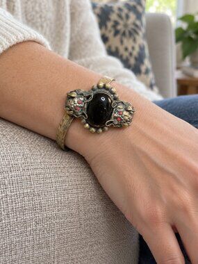 Vintage Asian Dragon Cuff‎ Bracelet Brass Onyx Coral Statement Boho
